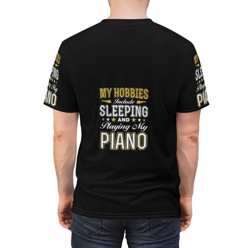 T-shirt design featuring the text "Hobbies Include Sleeping Playing Piano" with a musical note and piano keys - men back