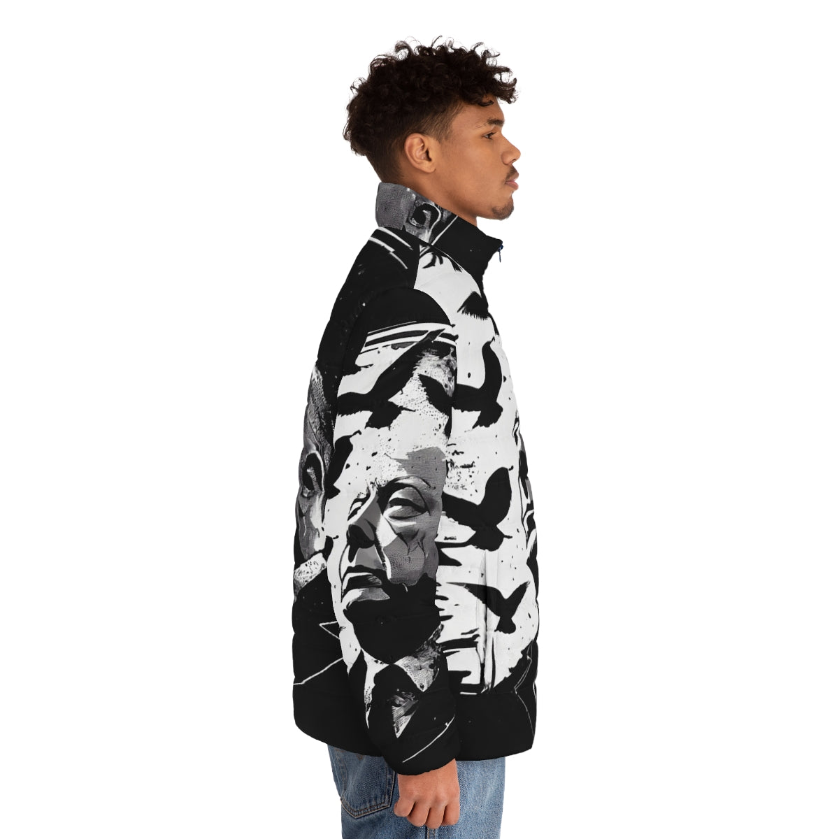 Alfred Hitchcock portrait puffer jacket inspired by the classic film "The Birds" - men side right