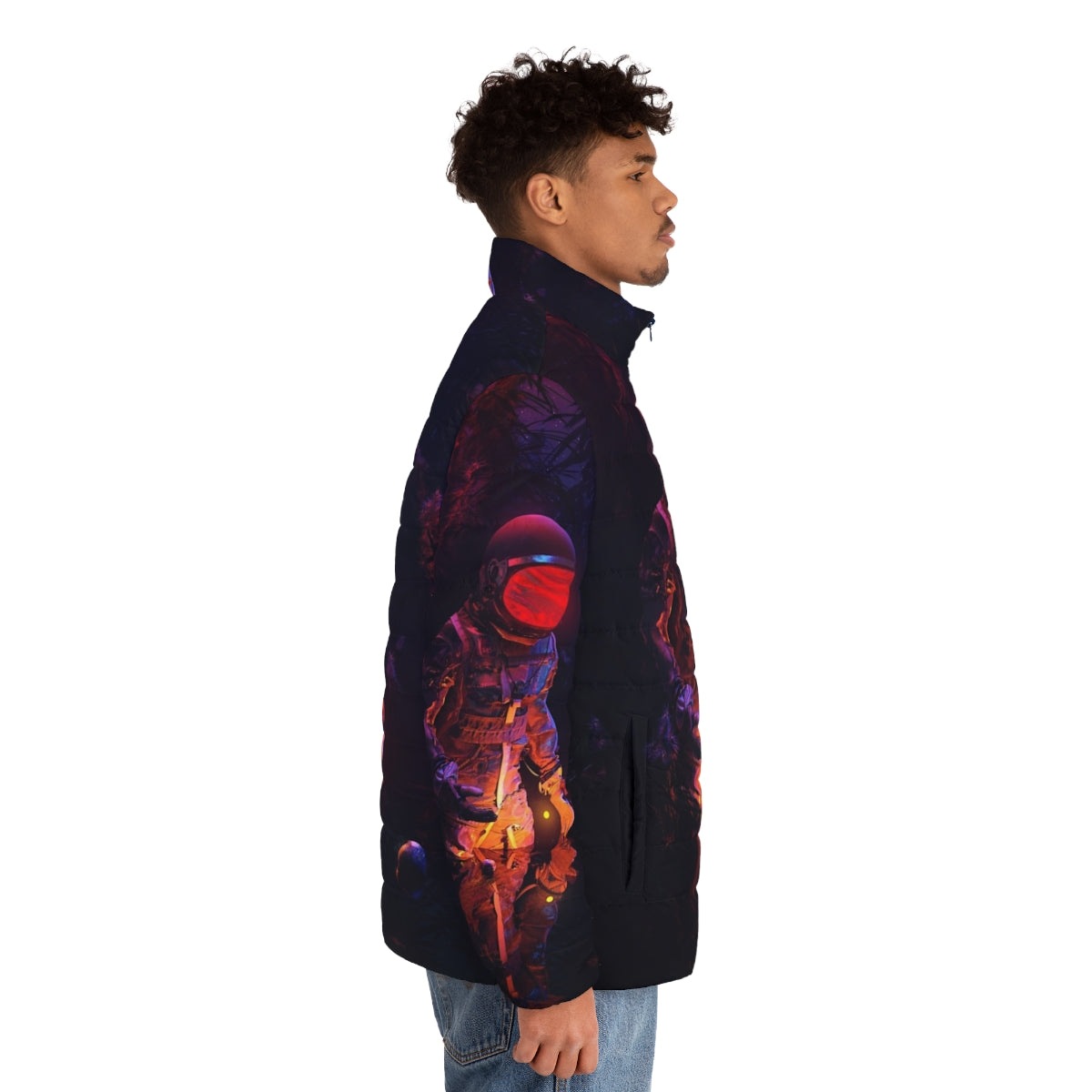 Stellar Spot Puffer Jacket featuring a space-inspired design with surreal patterns and celestial elements - men side right