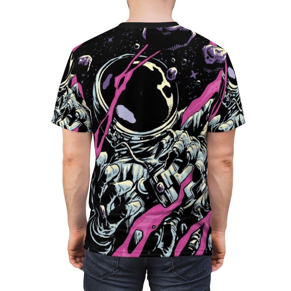 Outer Limits inspired t-shirt with galaxy, comet, and asteroid print design - men back