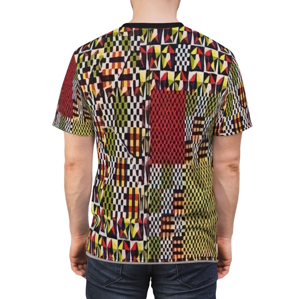 Vibrant abstract geometric t-shirt featuring colorful and multilayered patterns inspired by the spiritual art of Alfred Jensen. - men back