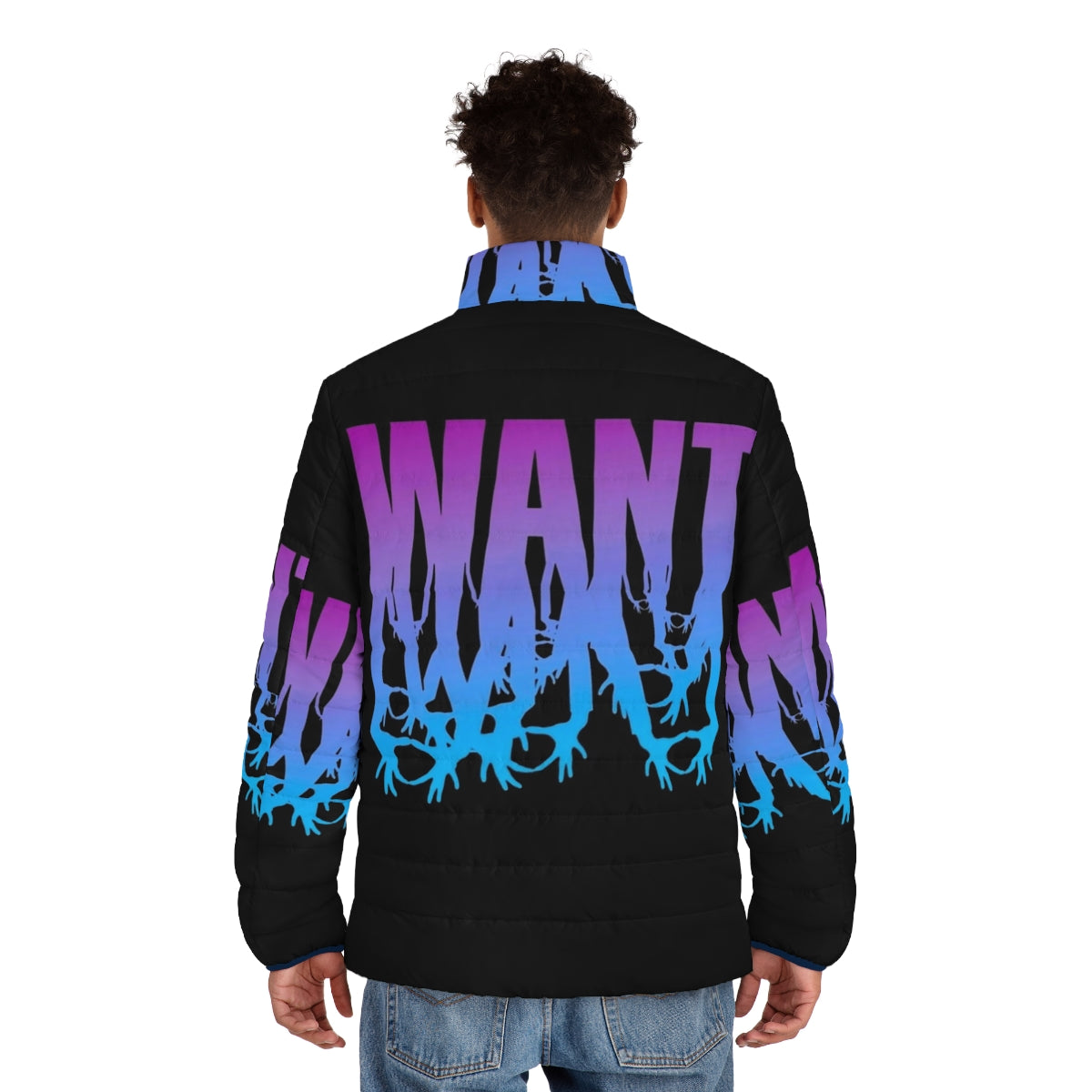 A model wearing a puffer jacket, standing in front of a 3OH!3 album cover - men back