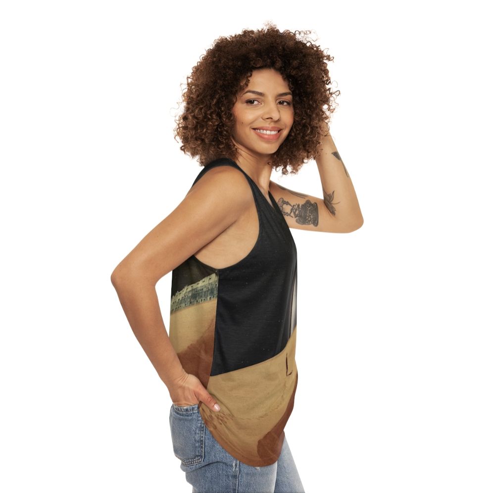 Retro collage design tank top depicting a dreamy desert landscape with stars and space elements - women side