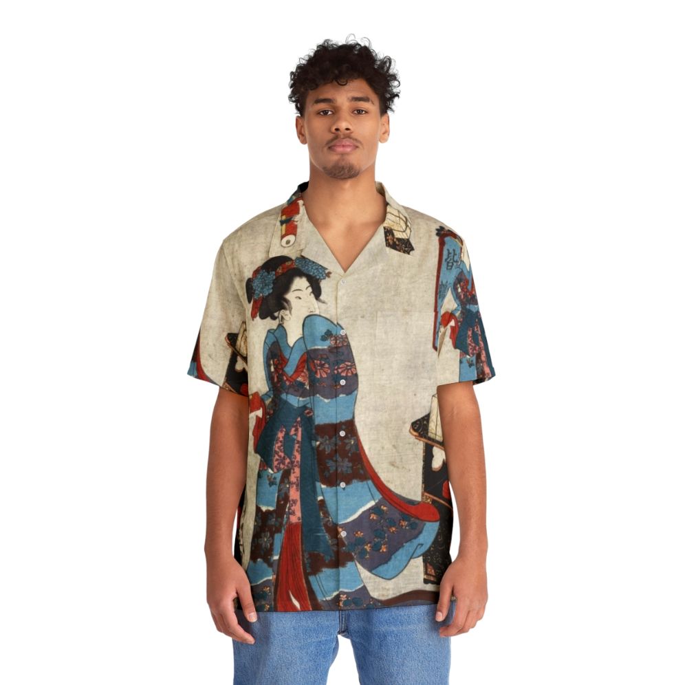 Elegant Japanese art Hawaiian shirt featuring a woodcut portrait of Princess Minatsuru - People Front