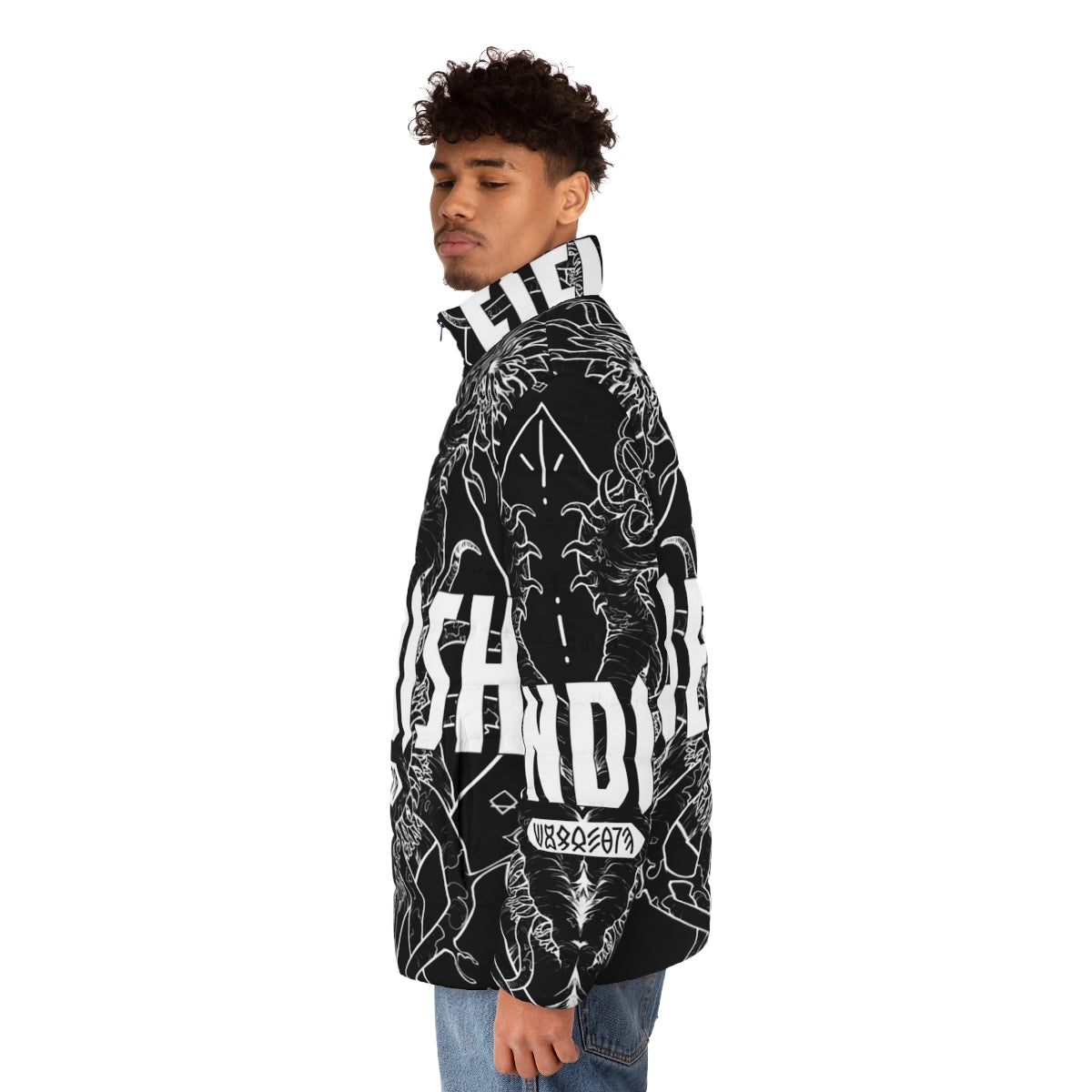 Fiendish Urgastij White Puffer Jacket featuring horror-inspired monster and geometric designs - men side left