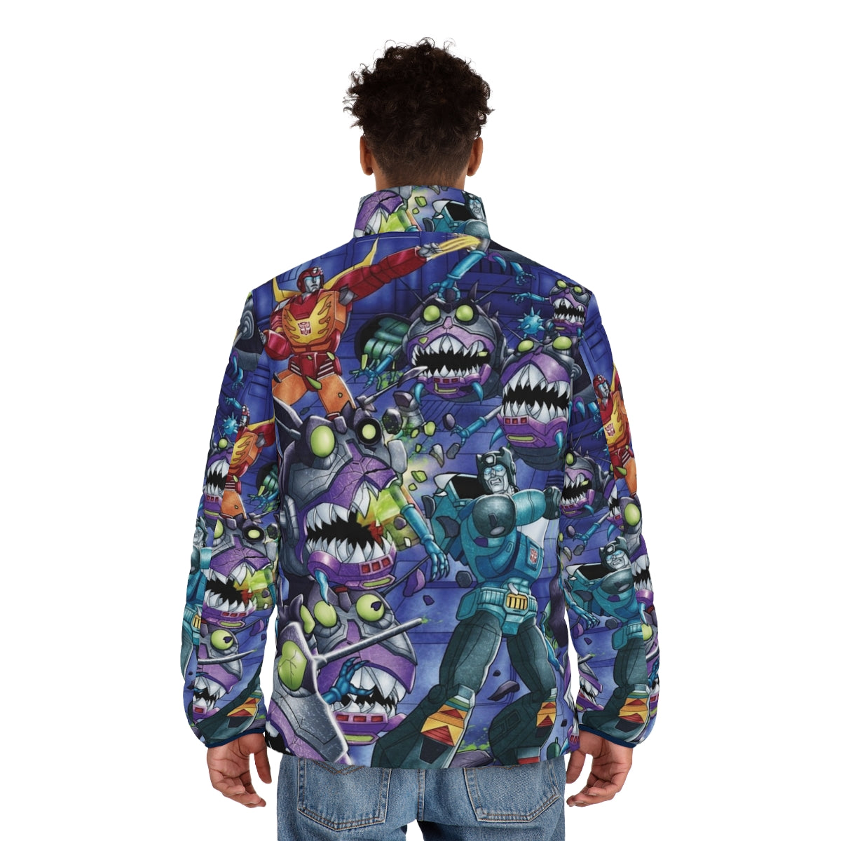 Demolition Derby Puffer Jacket featuring Transformers G1 inspired robot battle design - men back