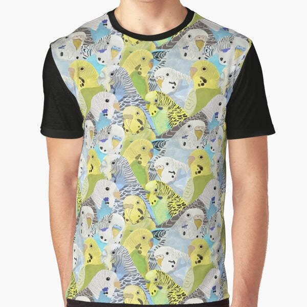 Colorful graphic t-shirt featuring a design of cute budgie parakeets