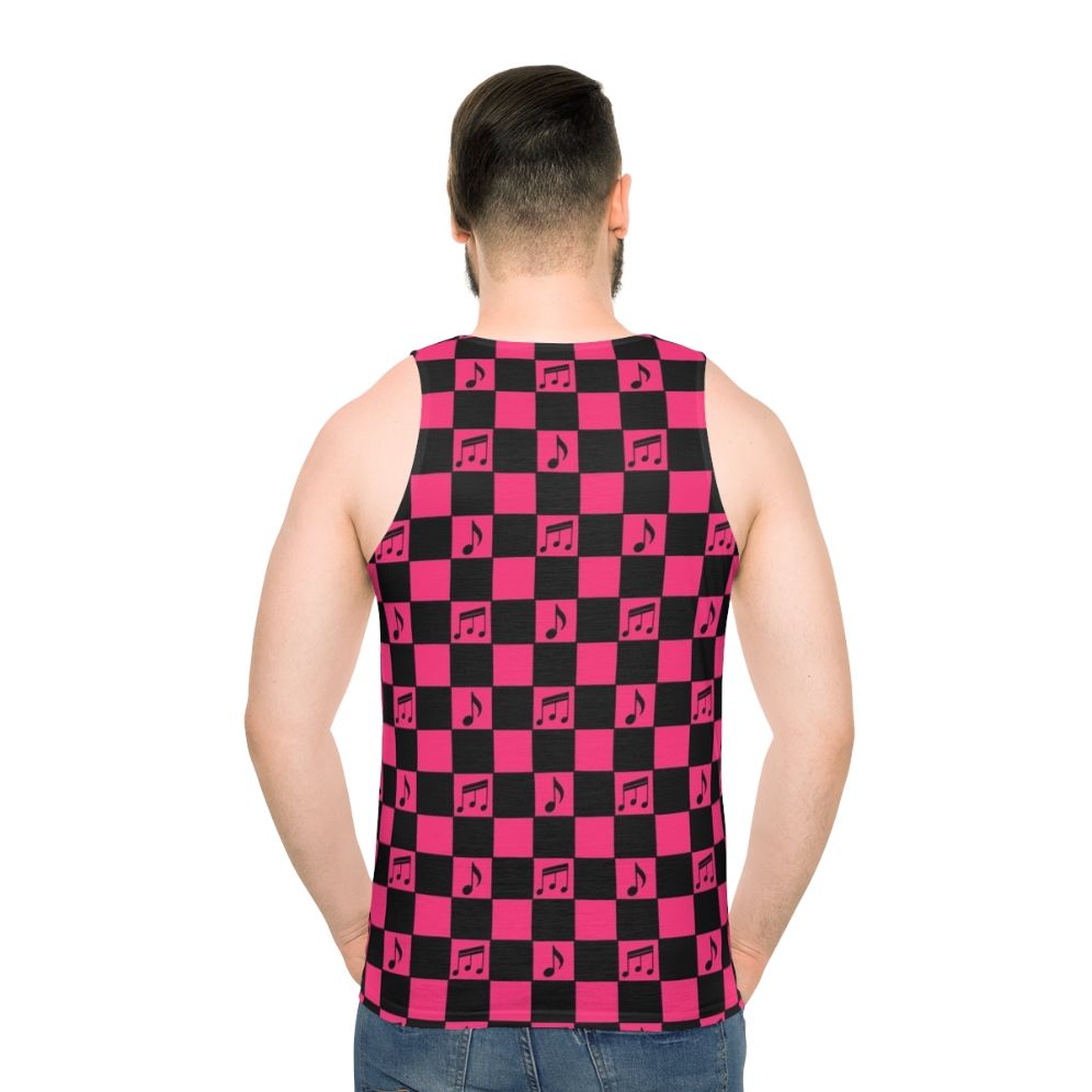 Retro checkerboard pattern unisex tank top with music notes - men back