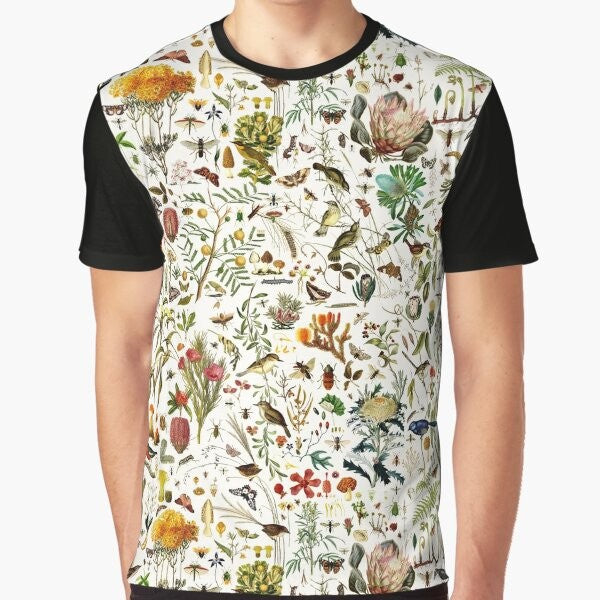 Vintage-style graphic t-shirt featuring a collage of Australian flora and fauna, including butterflies, birds, insects, and botanical elements.