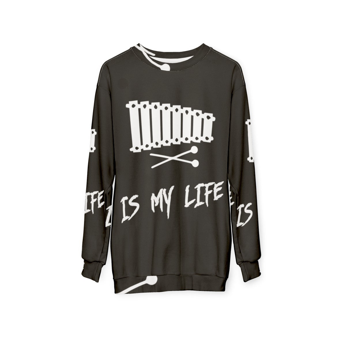 Person wearing a sweatshirt with the text "Xylophone Is My Life" - hanging