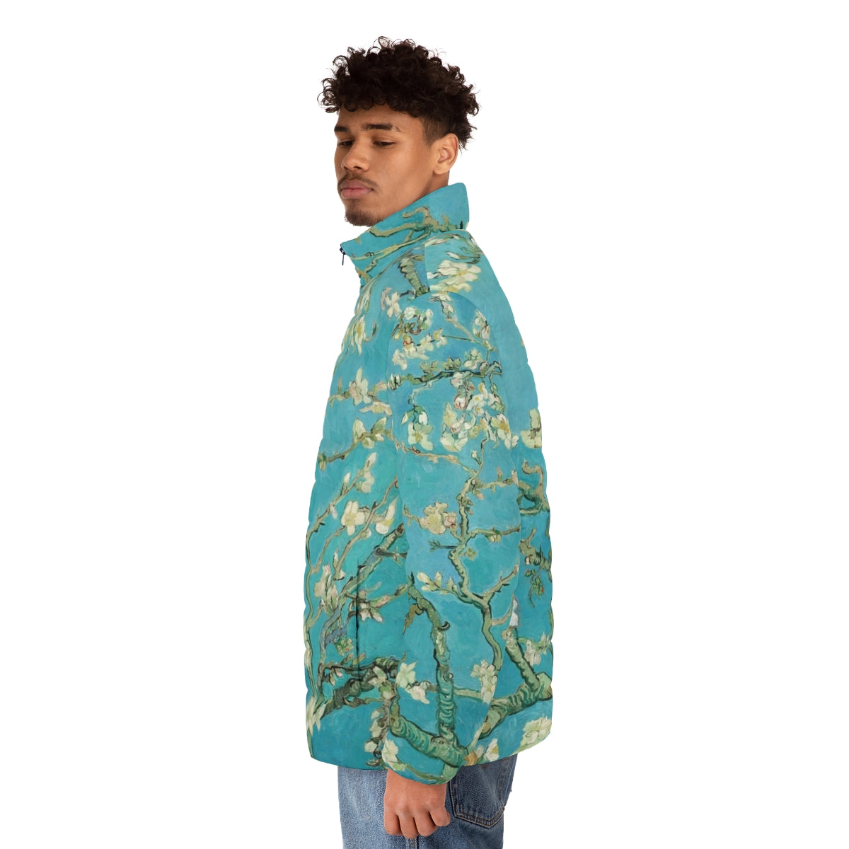 Almond blossom puffer jacket featuring Vincent Van Gogh's impressionist art - men side left