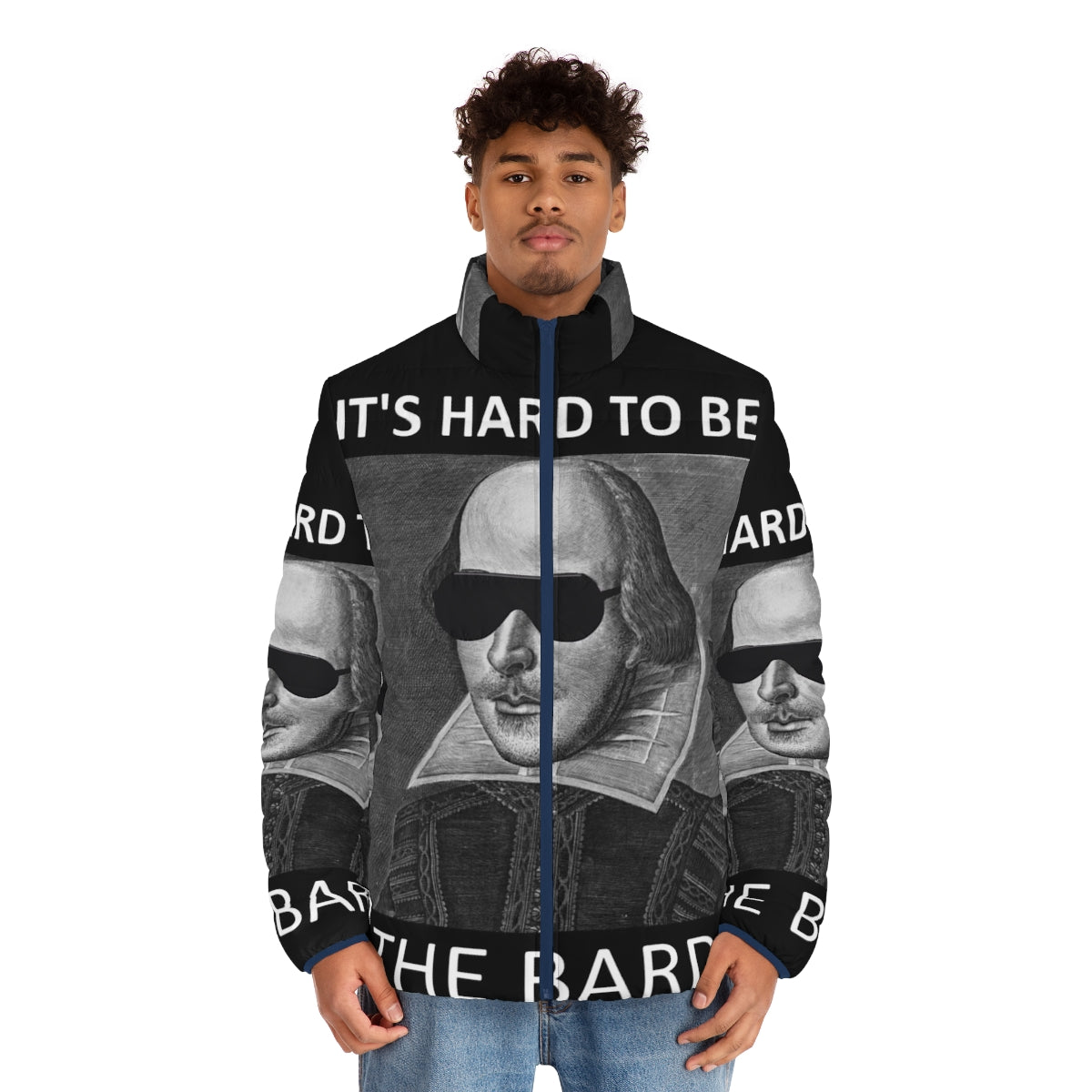 A puffer jacket featuring the quote "It's Hard to Be the Bard" from the Broadway musical "Something Rotten" - men front