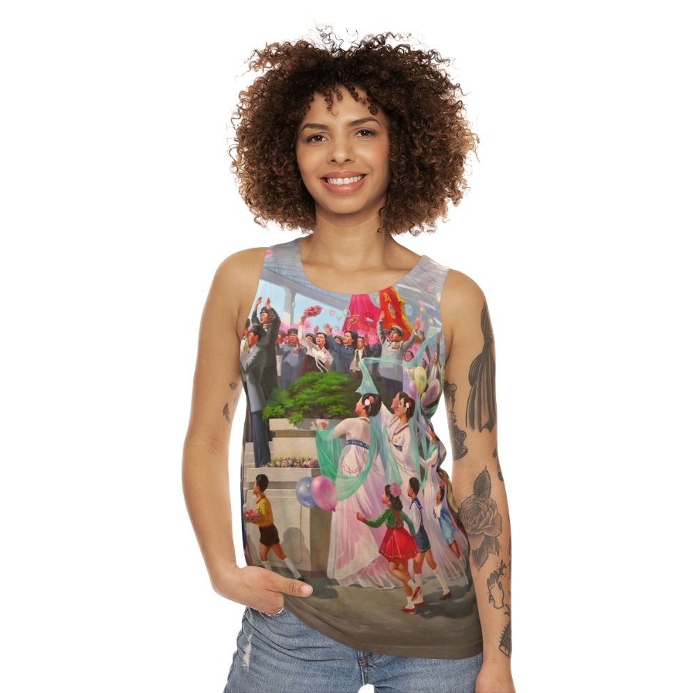 Unisex tank top with North Korea propaganda-inspired colorful design - women