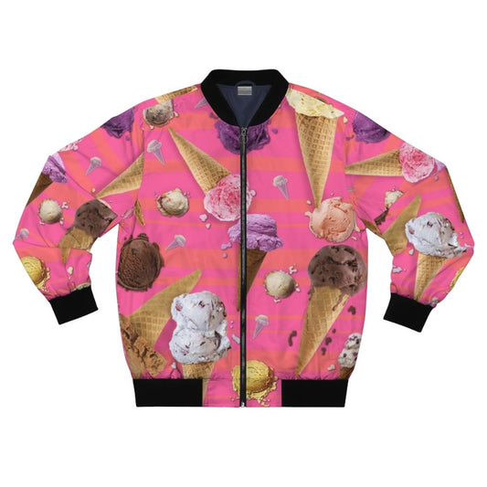 Colorful bomber jacket featuring a digital ice cream design with melting ice cream cones, blobs, and repeating patterns