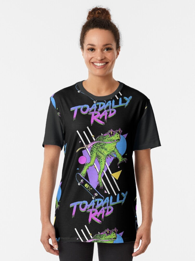 Graphic t-shirt featuring a cool, retro-inspired frog design with a radical 80s vibe. - Women