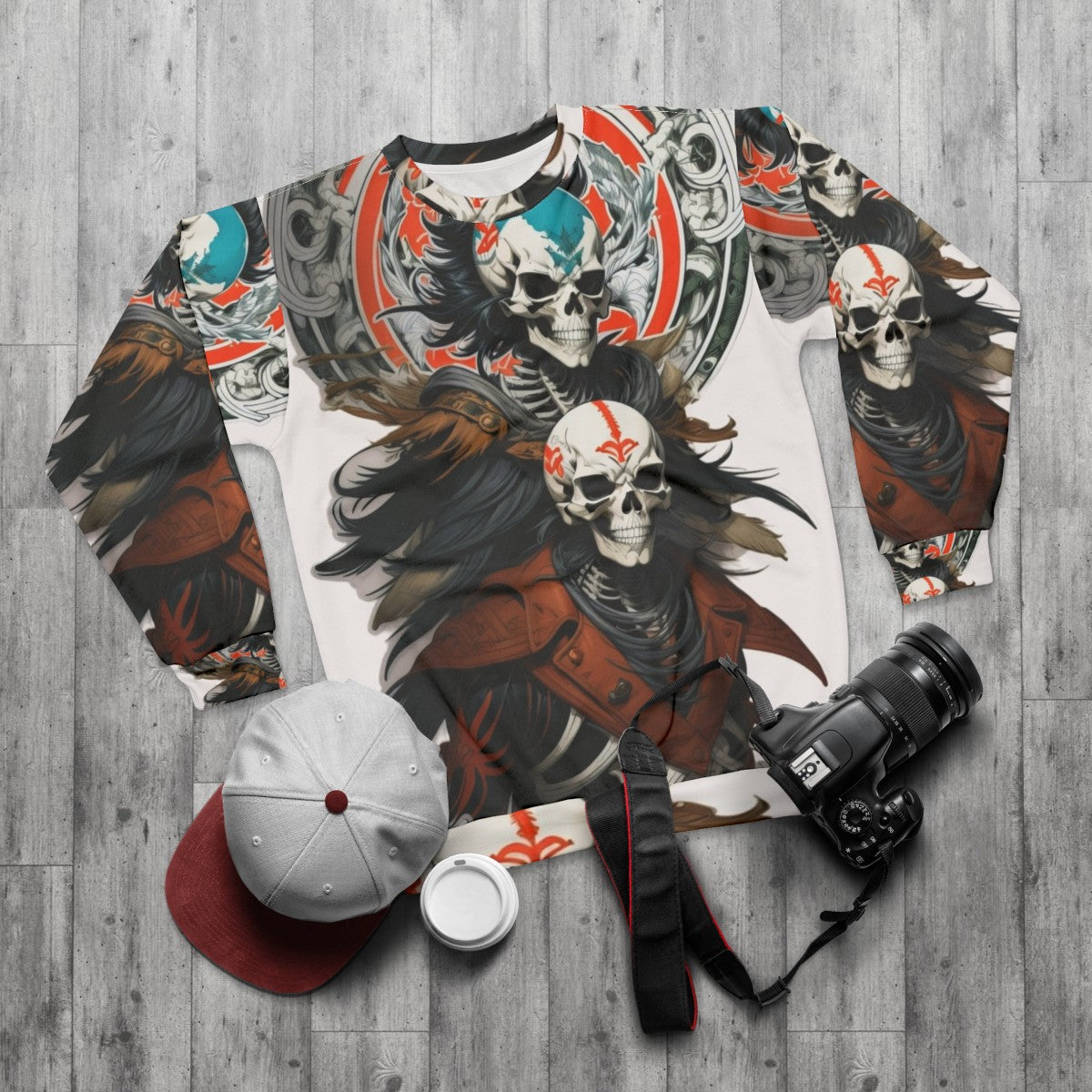 Dark fantasy skeleton warrior design on a sweatshirt - flat lay