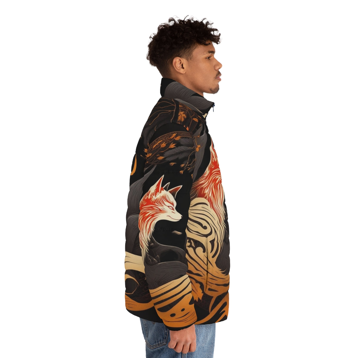 Kitsune Japanese art-inspired puffer jacket with a fox emblem design - men side right