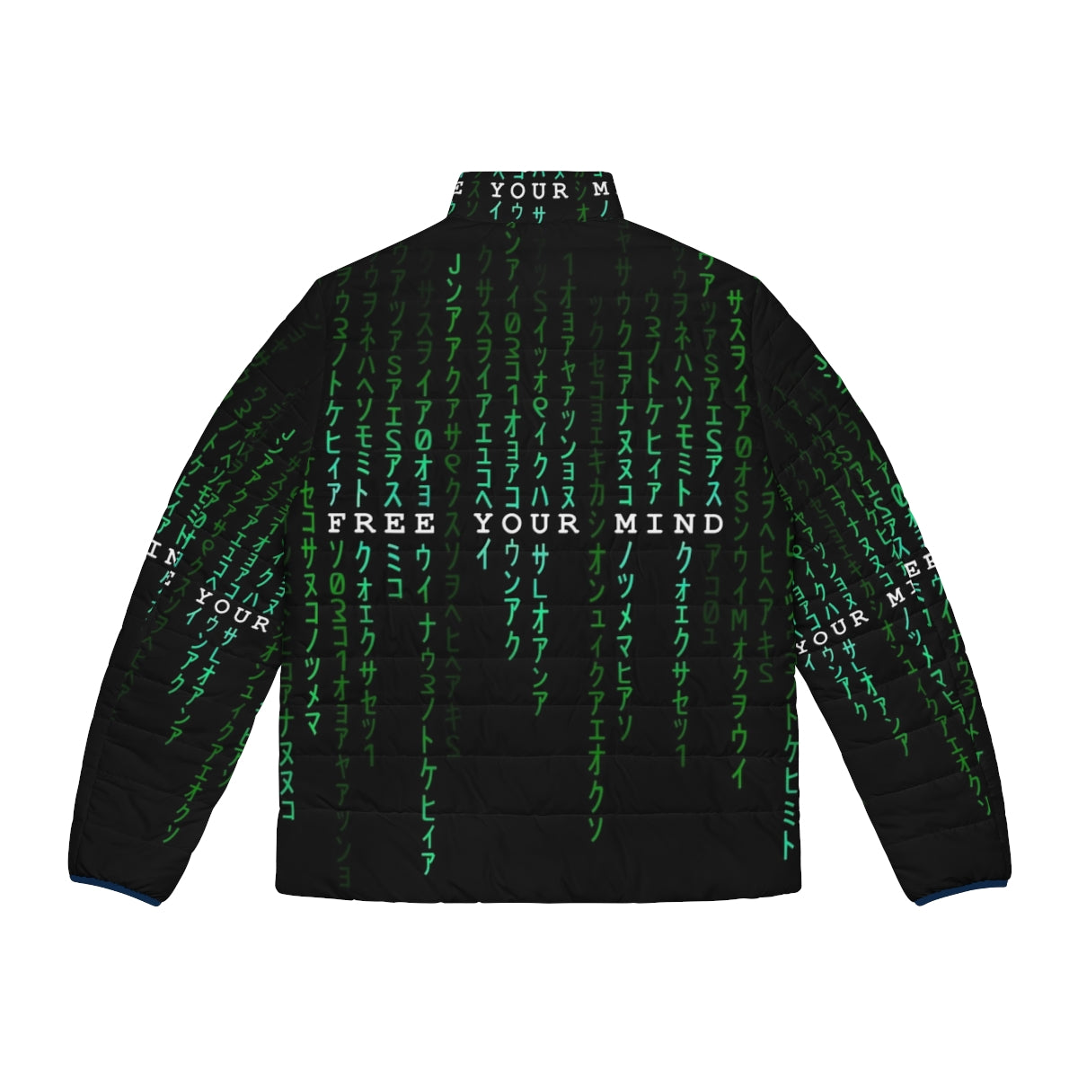 A puffer jacket with a matrix-inspired "free your mind" design and digital rain pattern - Back