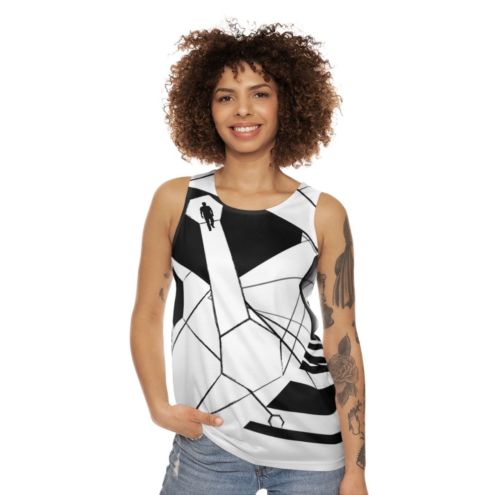 Unisex tank top with universe and celestial pattern design - women