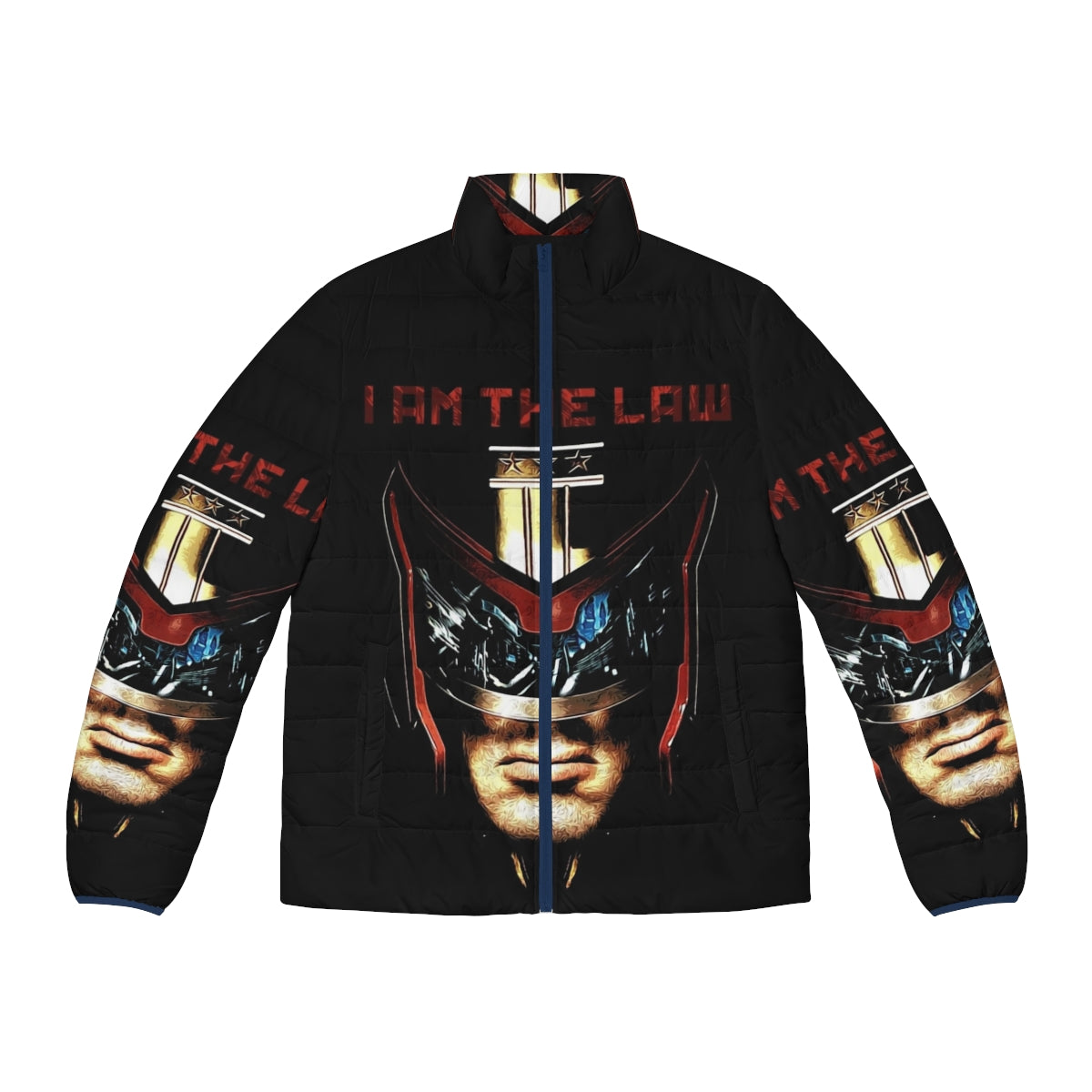 Futuristic "I Am The Law" puffer jacket with dystopian law enforcement design