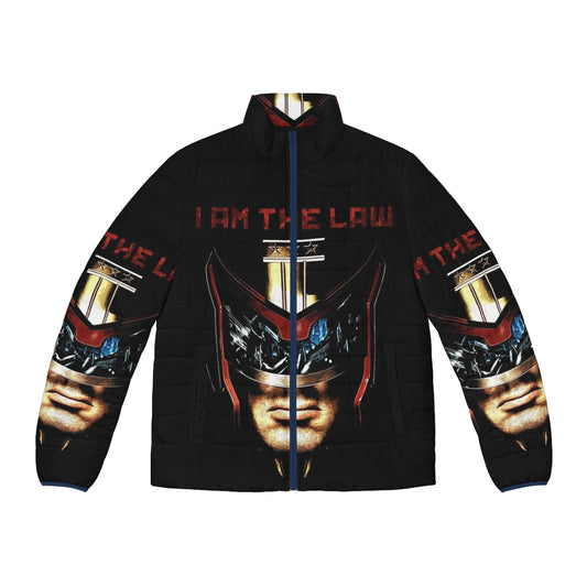 Futuristic "I Am The Law" puffer jacket with dystopian law enforcement design