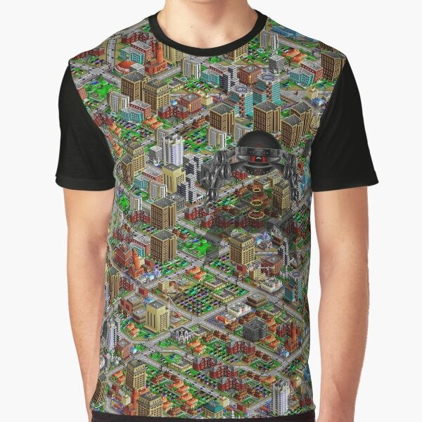 Retro SimCity 2000 pixel art graphic t-shirt with high contrast design