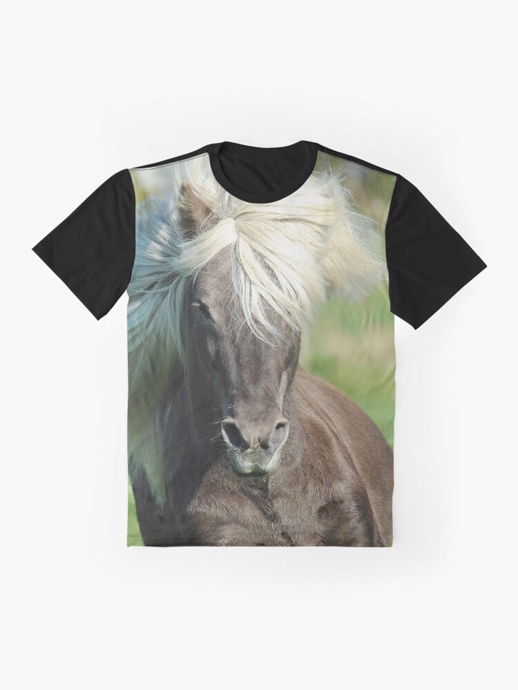 Graphic t-shirt featuring an illustration of an icelandic horse, a popular breed of pony known for its distinctive windfarben coloring. - Flat lay