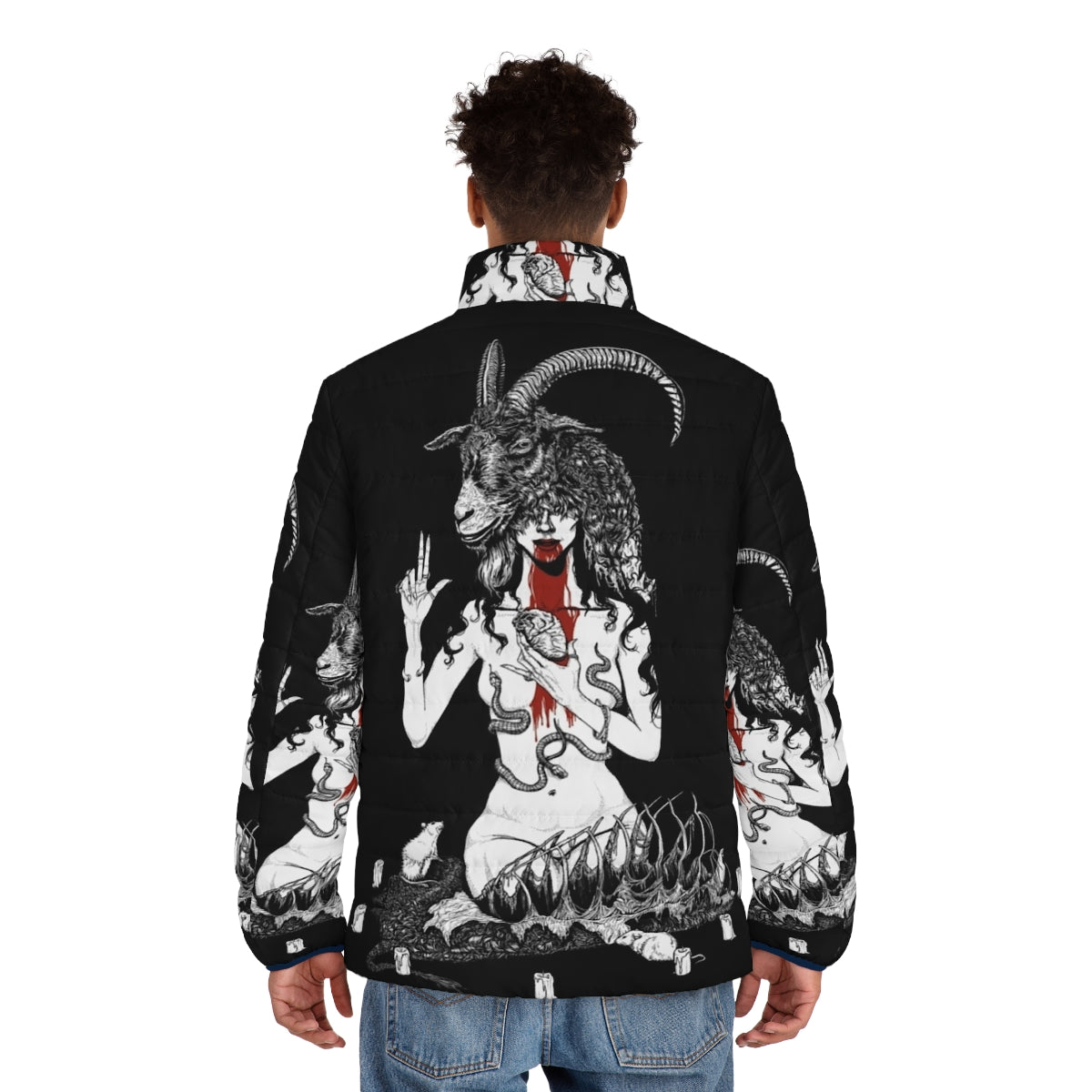 Satanic Baphomet puffer jacket with occult and horror design - men back