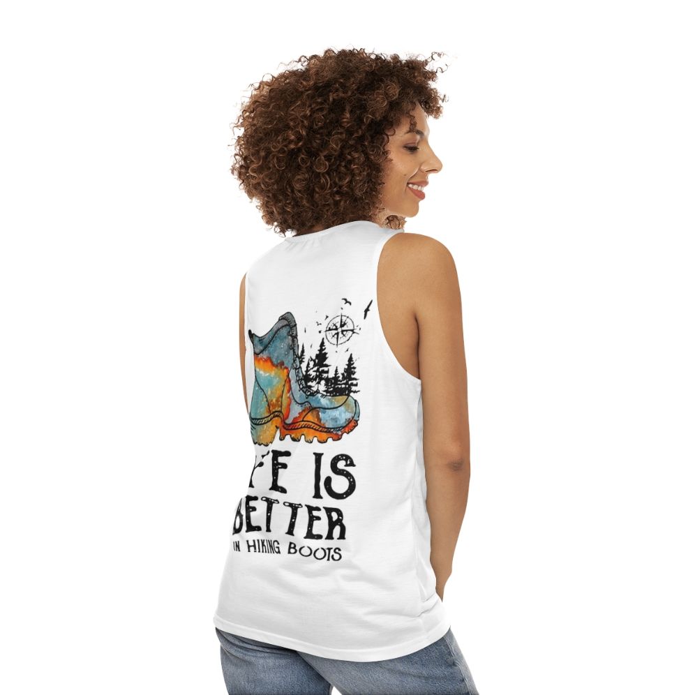 Unisex tank top with "Hiker Hobbies: Life is Better in Hiking Boots" design - women back