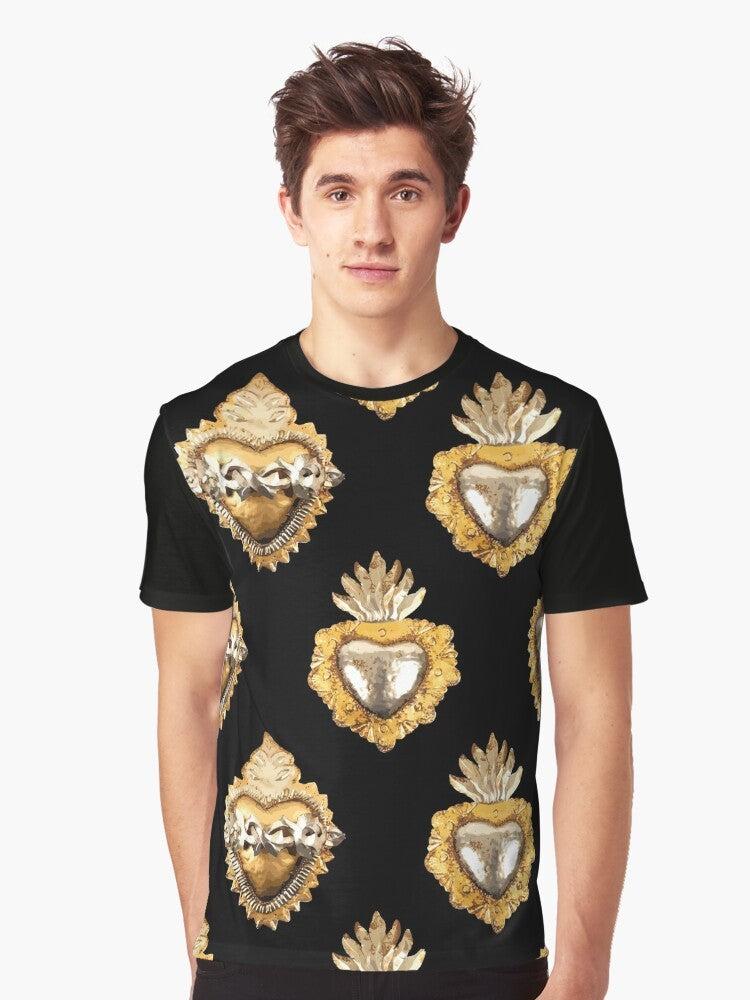 Elegant Mexican heart graphic on a black t-shirt with a metallic, seamless pattern design. - Men