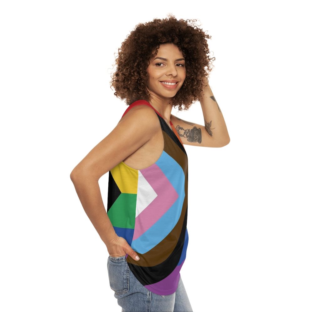 Unisex tank top with progress pride flag design - women side