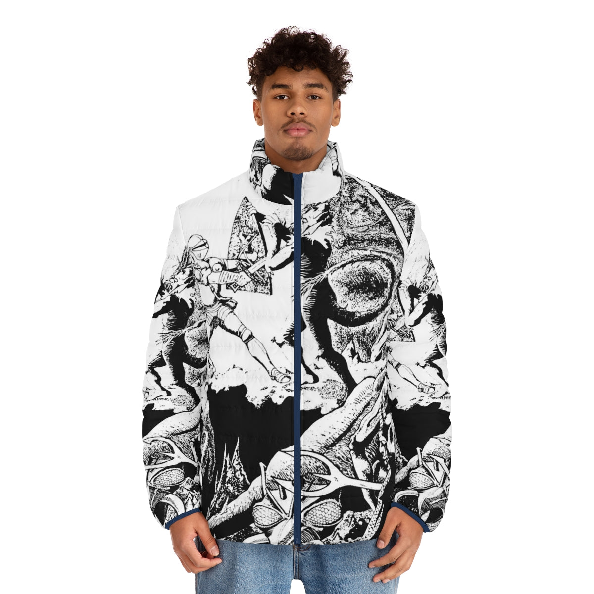 A puffer jacket featuring a paladin character in a fantasy hellscape setting, black and white illustration - men front