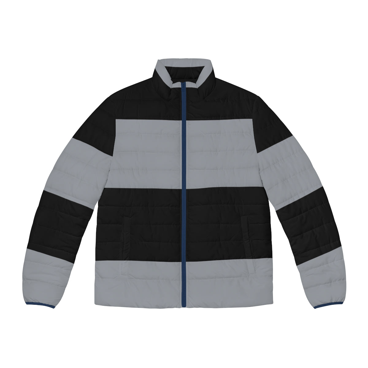 A black and grey horizontal striped puffer jacket, perfect for cold weather