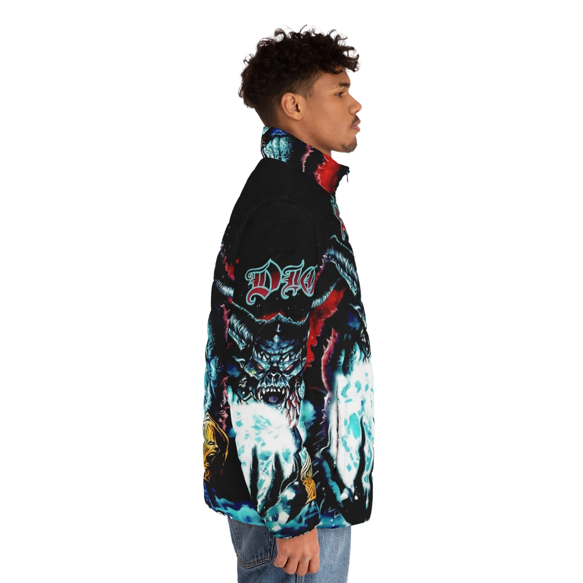 A puffer jacket featuring a metalhead design with a moon and demonic elements - men side right