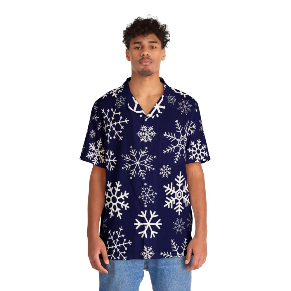 Blue winter simple snowflake pattern Hawaiian shirt - People Front