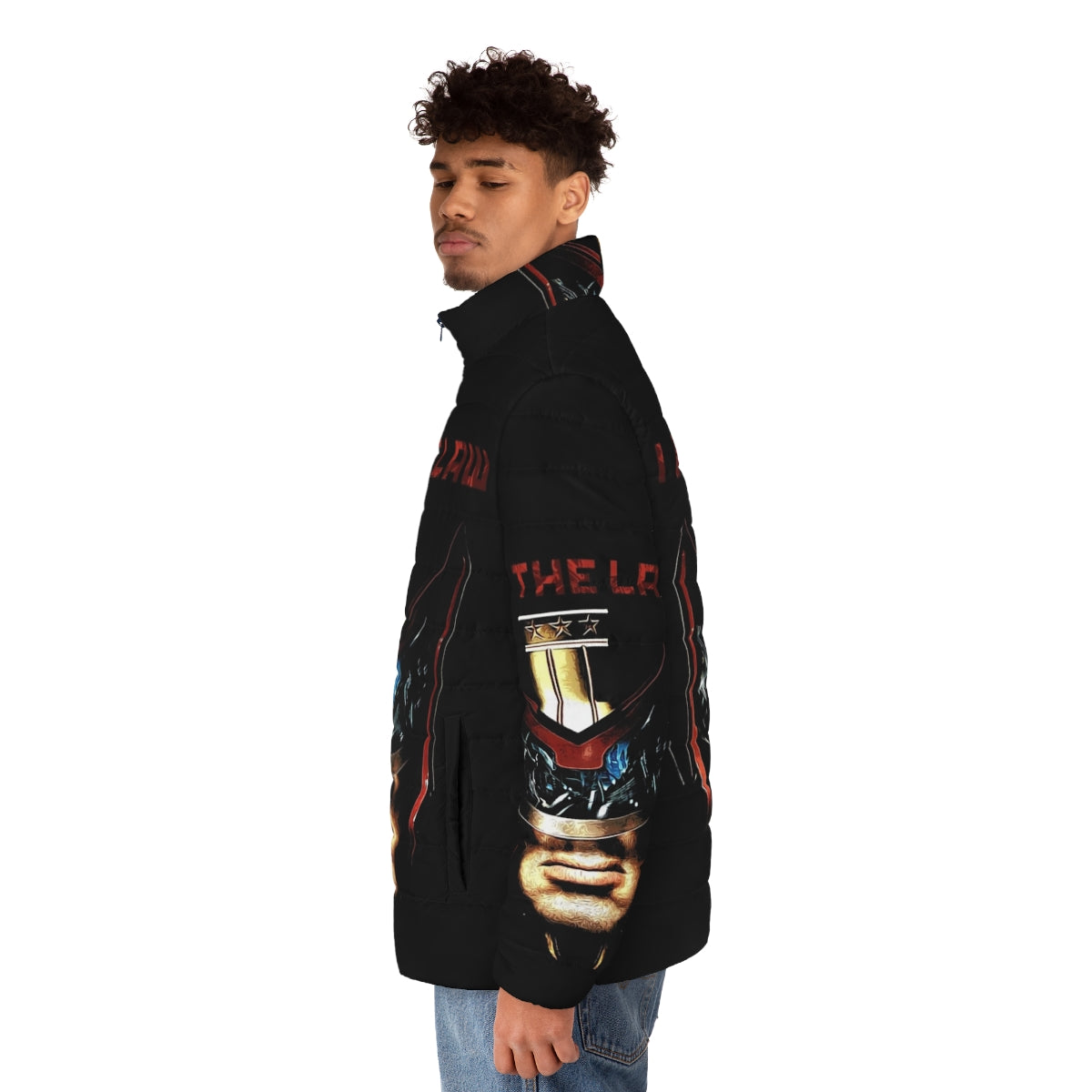 Futuristic "I Am The Law" puffer jacket with dystopian law enforcement design - men side left