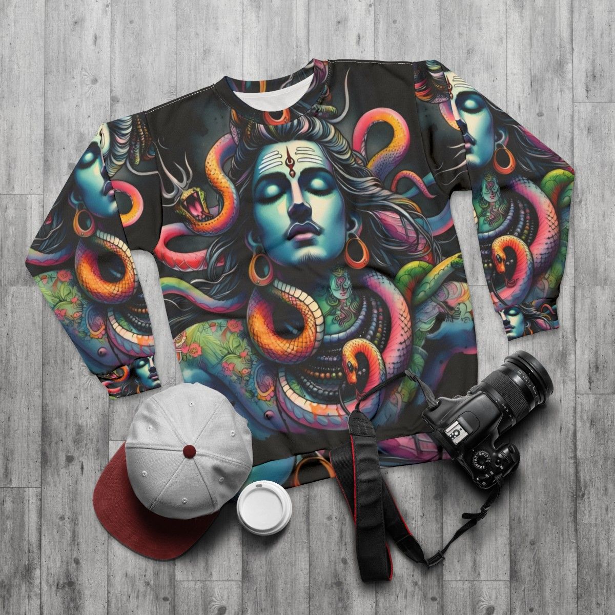 Lord Shiva with Snakes Sweatshirt - Hindu Deity Art - flat lay