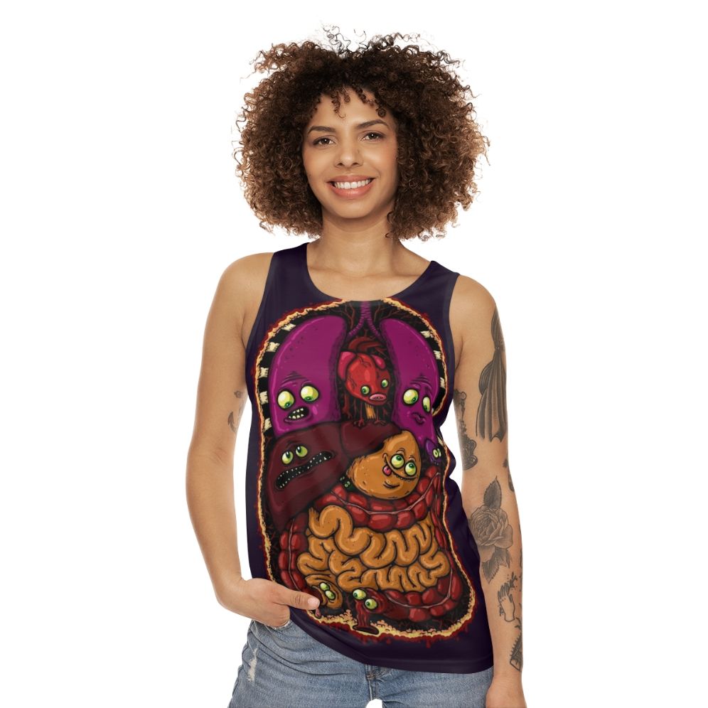 Unisex tank top featuring an anatomical design of internal organs - women