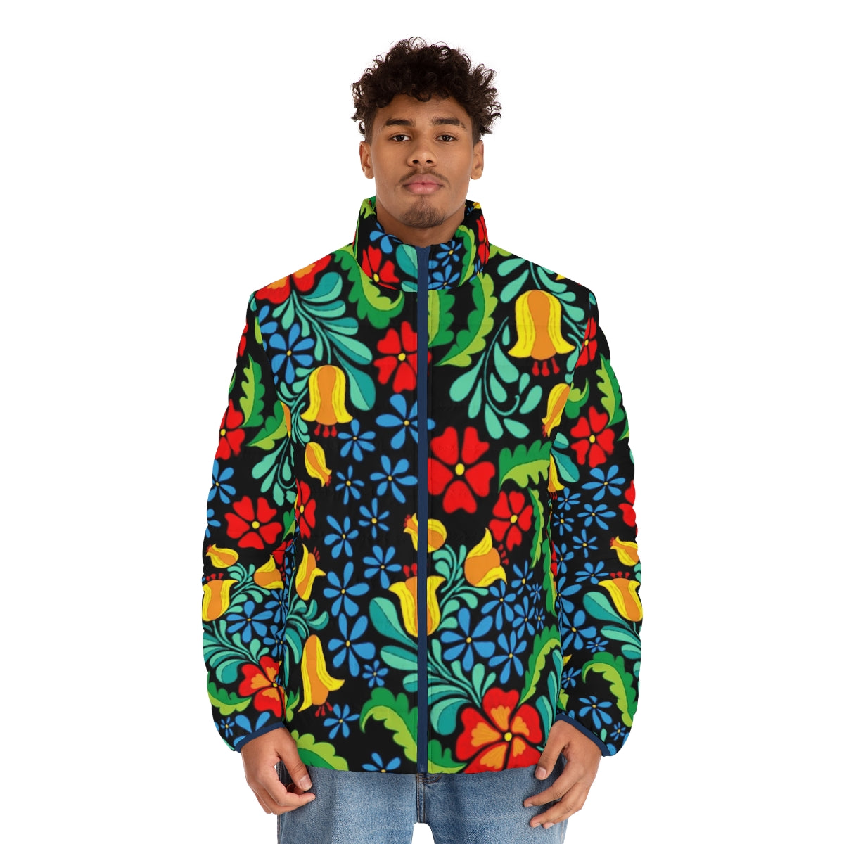 Seamless ethnic pattern in traditional Mexican style on a puffer jacket - men front