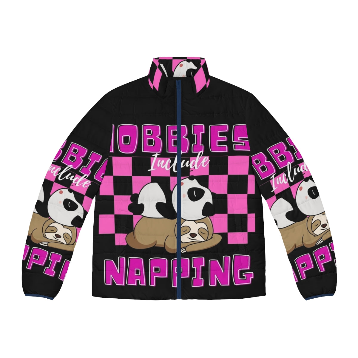 Cozy puffer jacket with "Hobbies Include Napping" design