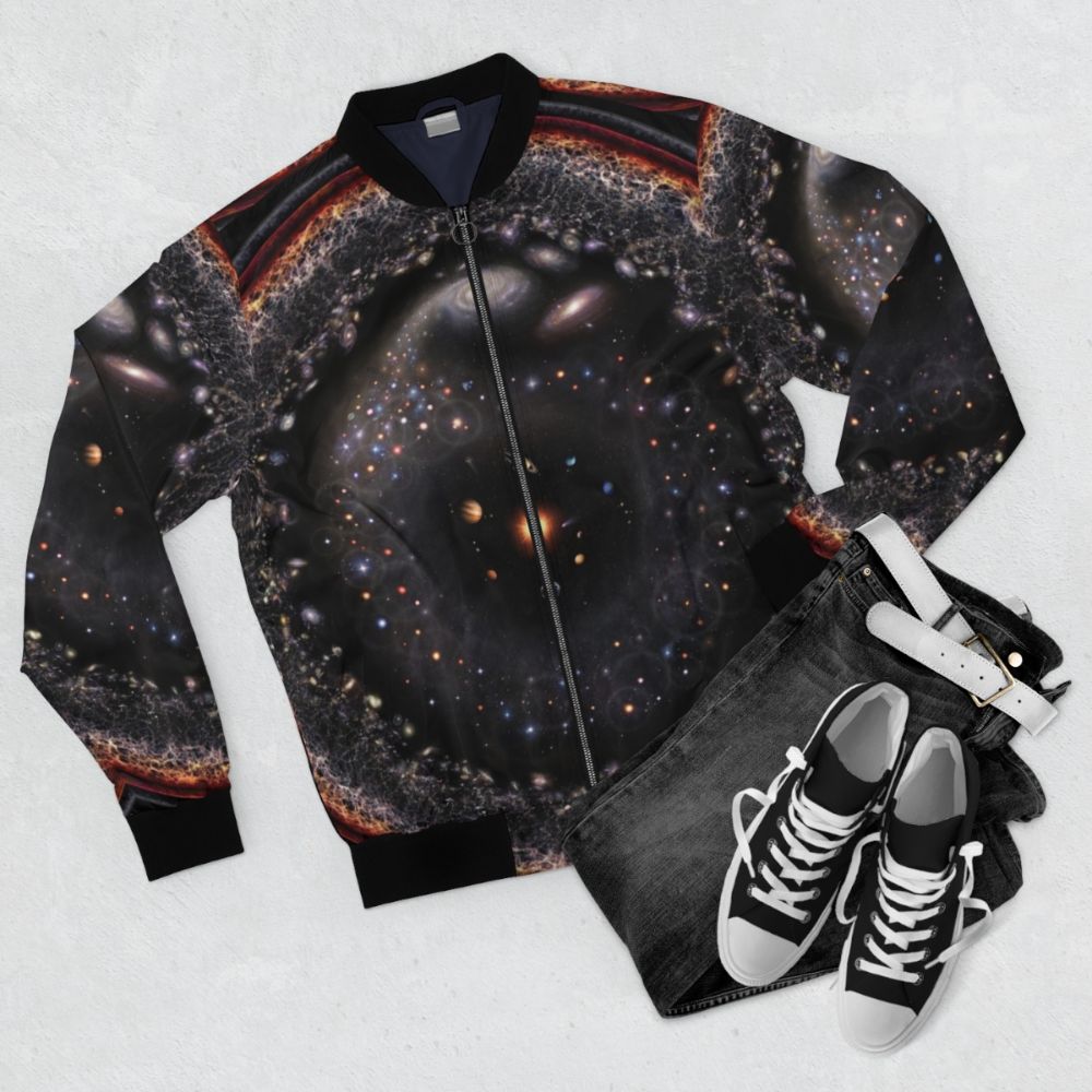 Bomber jacket with a logarithmic illustration of the observable universe, featuring planets, stars, and galaxies. - Flat lay