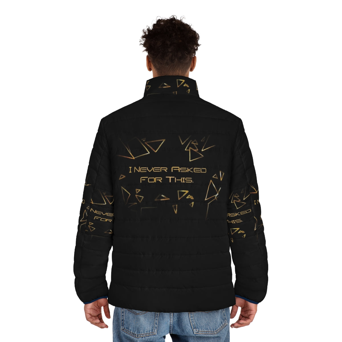 Deus Ex Puffer Jacket featuring the iconic "I Never Asked For This" game quote - men back