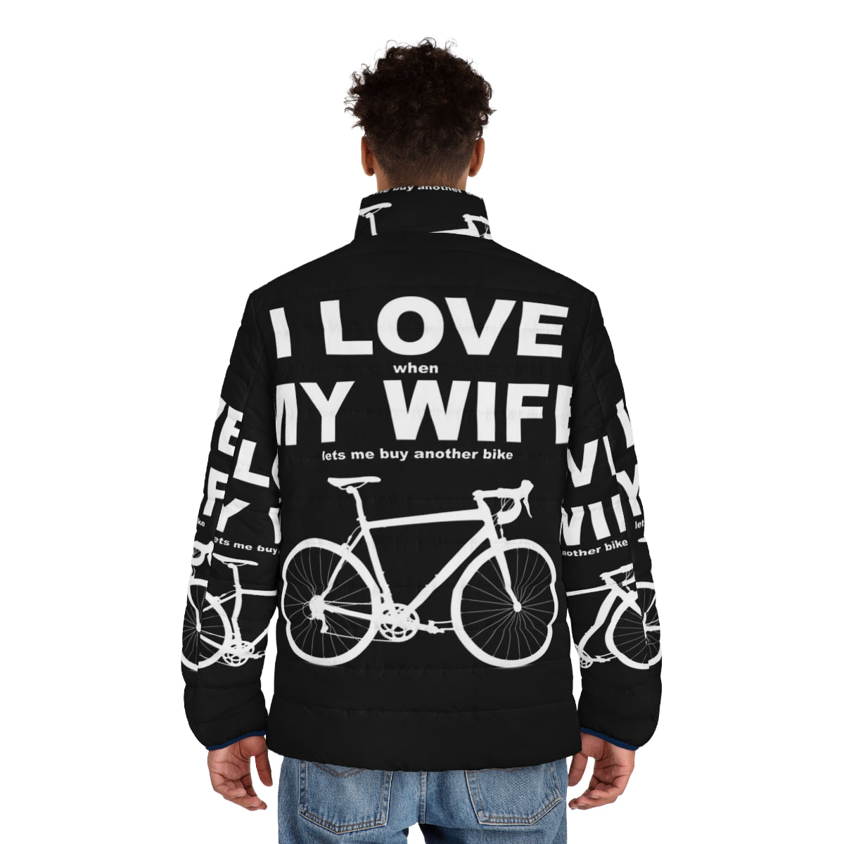 Cyclist wearing "I Love My Wife" puffer jacket - men back