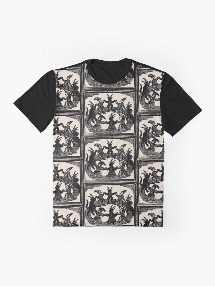 Vintage-style graphic t-shirt featuring a witches' circle dance design in a gothic, medieval style. - Flat lay