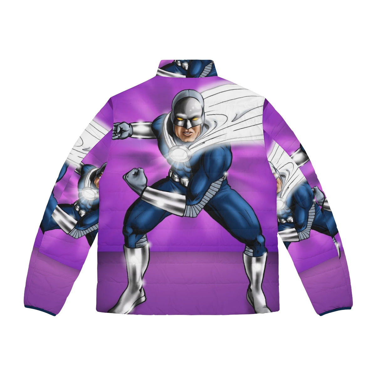 Proton Man Puffer Jacket with a superhero design to inspire cancer patients - Back