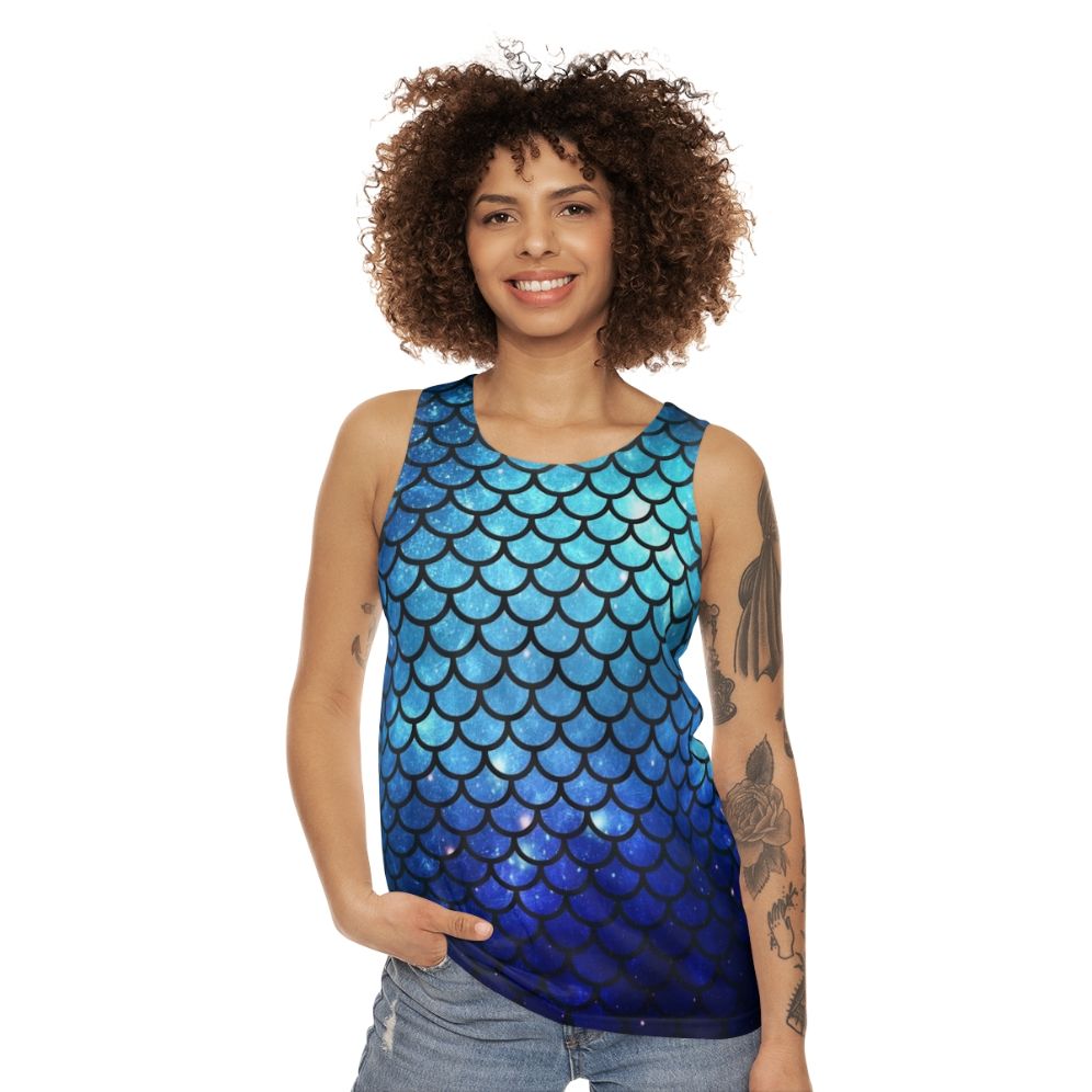 Mermaid-themed unisex tank top with galaxy print and ocean design - women