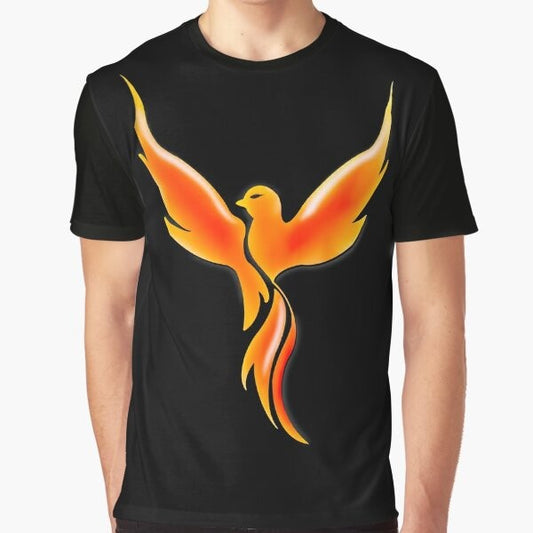 A striking graphic t-shirt featuring a flaming phoenix design, ideal for those with complex regional pain syndrome (CRPS).