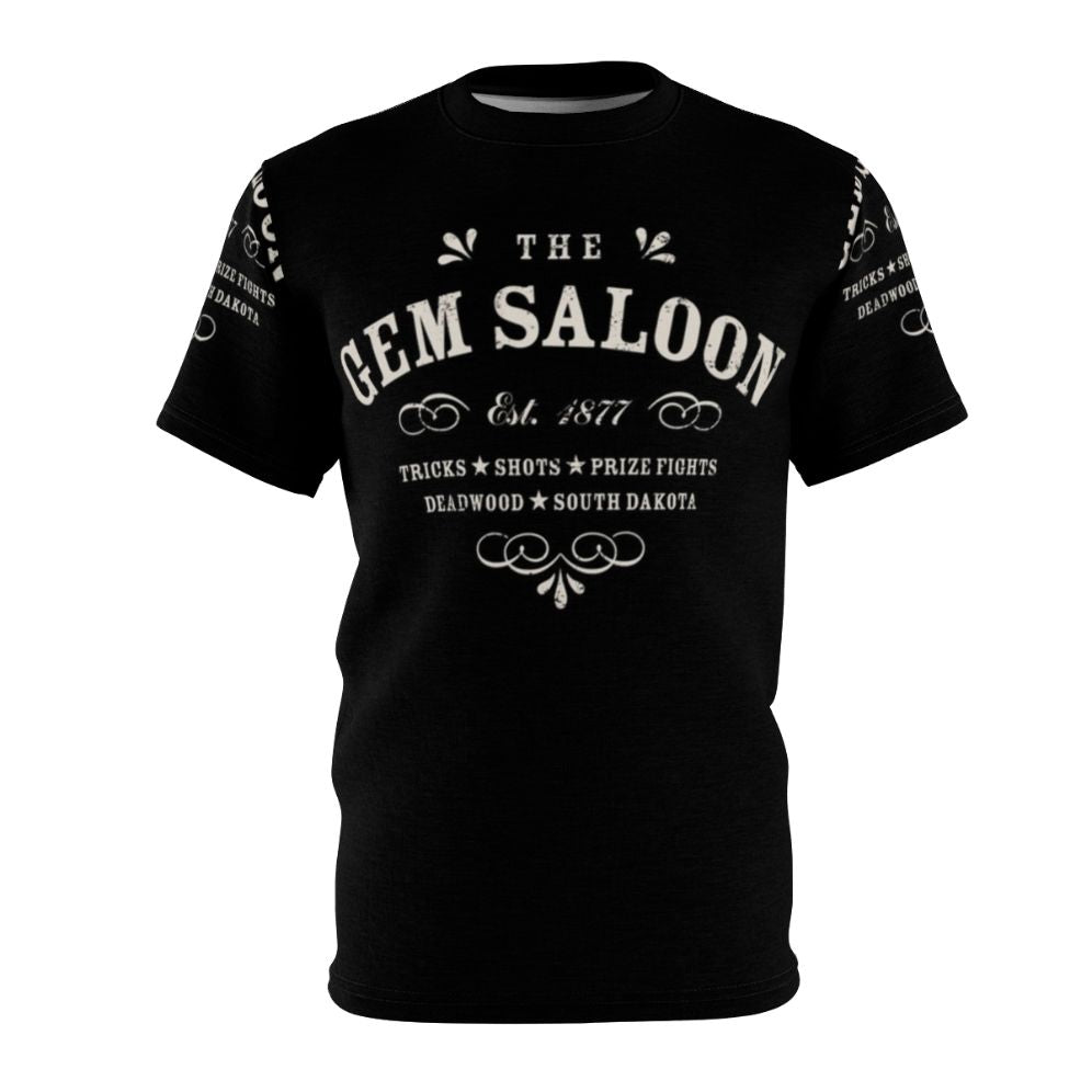 Vintage western graphic t-shirt with The Gem Saloon Deadwood typography design