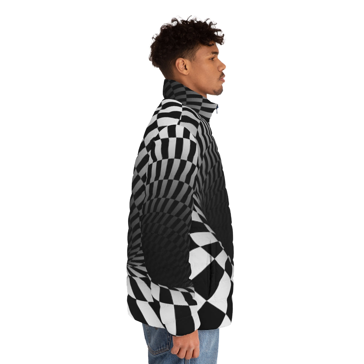 A black and white puffer jacket with an optical illusion checkerboard pattern - men side right