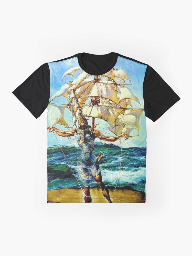 Vintage abstract fantasy painting print of "The Ship" on a graphic t-shirt - Flat lay